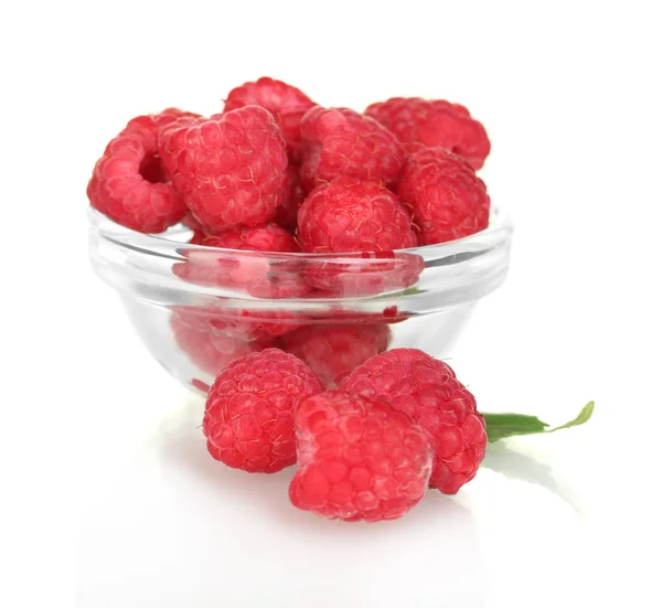 Fresh raspberries in bowl isolated on white — Stock Photo, Image