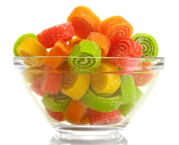 Colorful jelly candies in glass bowl isolated on white — Stock Photo, Image
