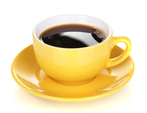 Yellow cup and saucer isolated on white