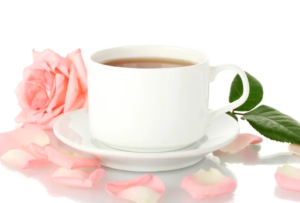 Šálek čaje s růží izolovaných na bílém — Stock fotografie
