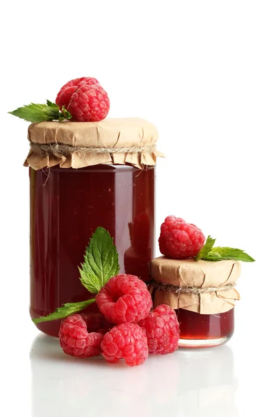 Jars with jam and ripe raspberries with mint isolated on white — Stock Photo, Image