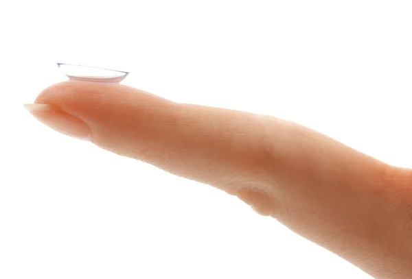 Contactlens op vinger geïsoleerd op wit — Stockfoto