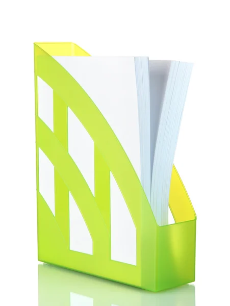 Kağıtlar üzerine beyaz izole için yeşil tepsi — Stok fotoğraf