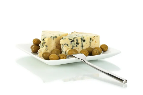 Cheese with mold and olives on the plate isolated on white — Stock Photo, Image