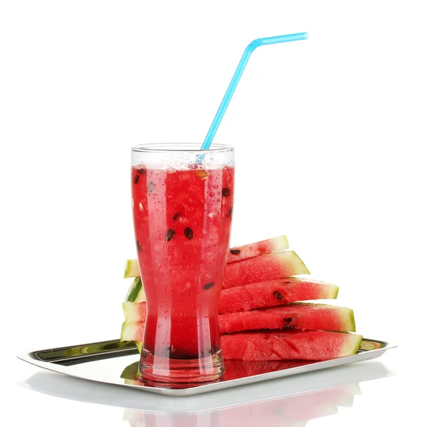 Glass of refreshing watermelon juice on a tray isolated on white — Stock Photo, Image