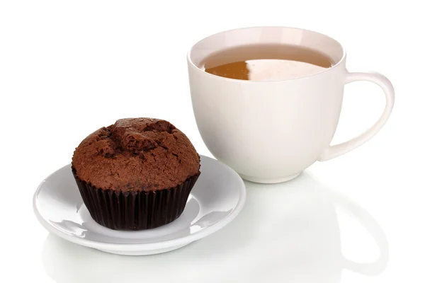 Fresh muffin with tea isolated on white — Stockfoto