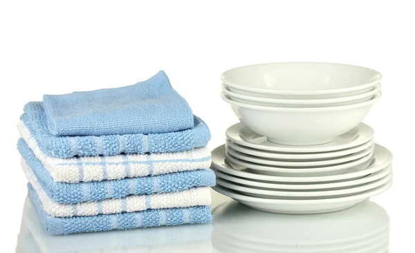 Kitchen towels with dishes isolated on white background — Stock Photo, Image