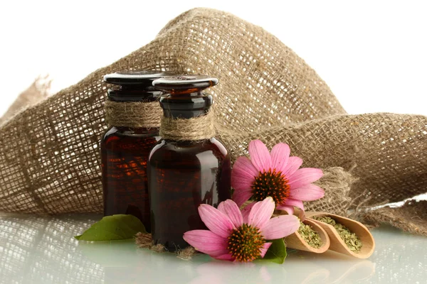 Geneeskundeflessen met paarse echinacea, geïsoleerd op wit — Stockfoto