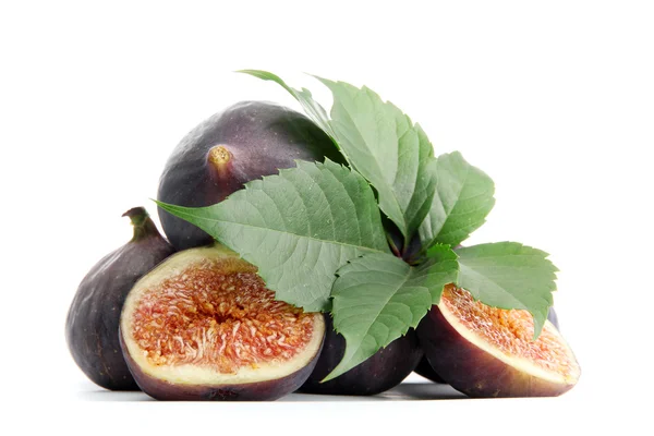 Ripe sweet figs with leaves isolated on white — Stock Photo, Image