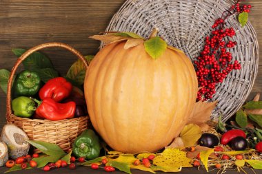 Ahşap ahşap backgrou masaya üzerinde kabak ile mükemmel sonbahar natürmort
