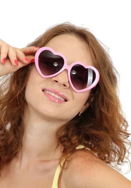 Sorridente bella ragazza in occhiali isolati su bianco — Foto Stock