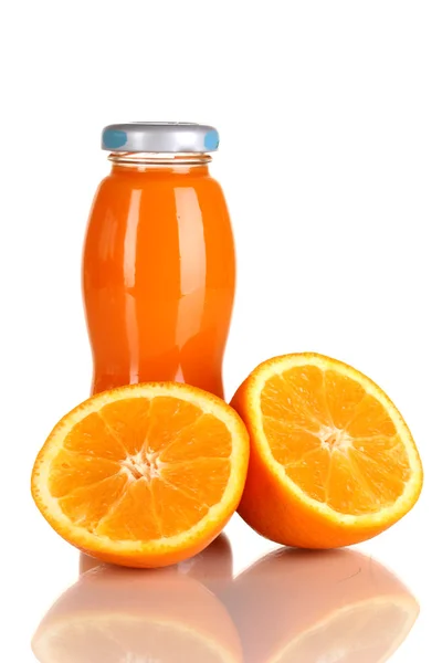 Delicious orange juice in a bottle and orange next to it isolated on white — Stock Photo, Image