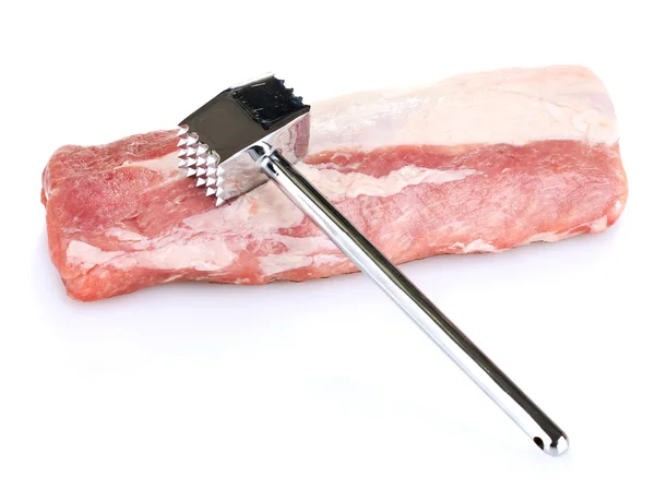 Raw pork with a meat hammer isolated on white — Stock Photo, Image
