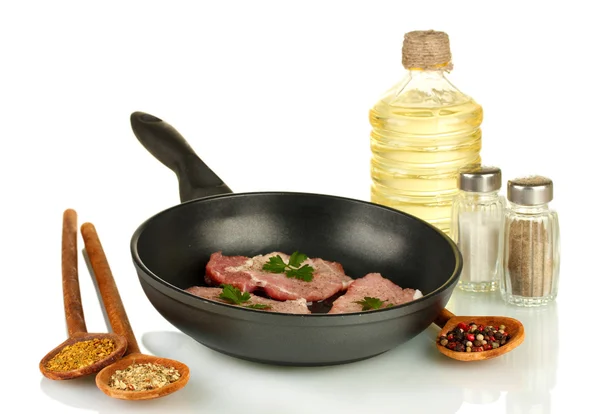 Composition of raw meat and spices on white background close-up — Stock Photo, Image