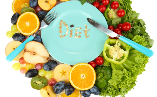 Μπλε πλάκα, περιβάλλεται από υγιεινών τροφίμων διατροφή που απομονώνονται σε λευκό — Φωτογραφία Αρχείου