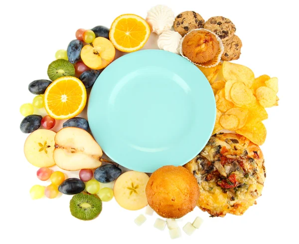 Blue plate surrounded by useful and harmful food isolated on white — Stock Photo, Image