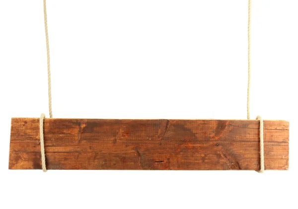 掛かっているロープ、白で隔離される空白の木製看板 — ストック写真