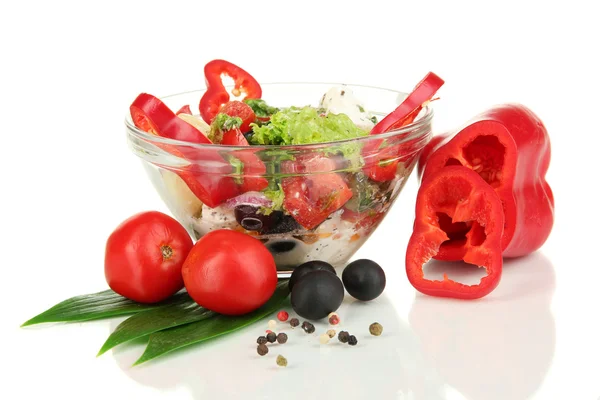 Fresh greek salad in glass bowl isolated on white — Stock Photo, Image