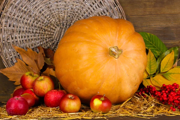 Hervorragendes Herbststillleben mit Kürbis auf Stroh auf hölzernem Hintergrund — Stockfoto