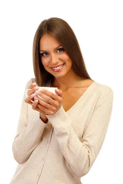 Bela jovem com xícara de café, isolado em branco — Fotografia de Stock