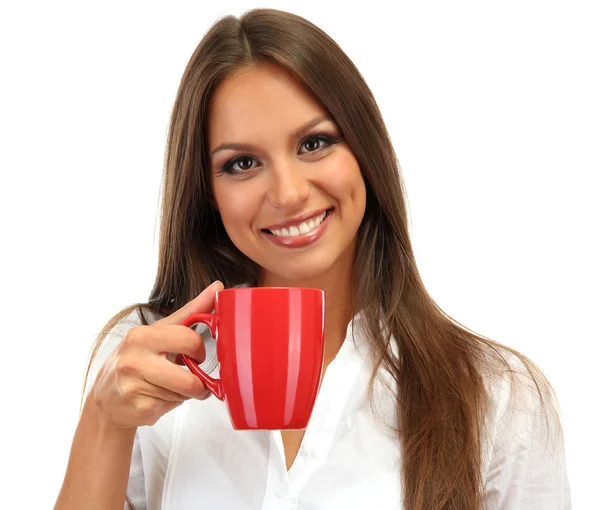 Bella giovane donna con tazza di tè, isolata su bianco — Foto Stock