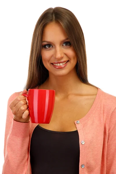 Beautiful young woman with cup of tea, isolated on white — Stock Photo, Image