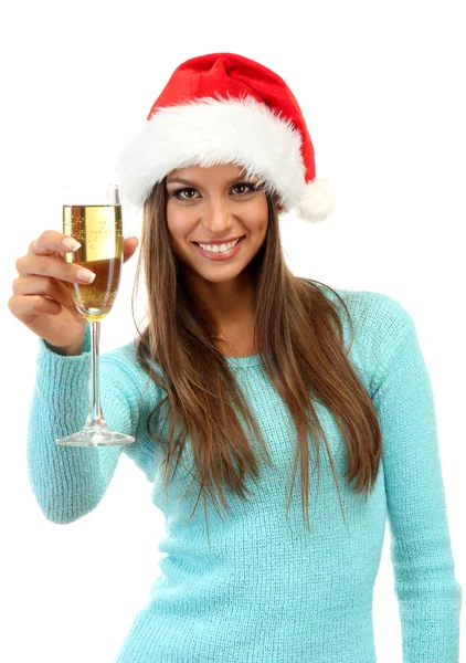 Mooie jonge vrouw met glas champagne, geïsoleerd op wit — Stockfoto