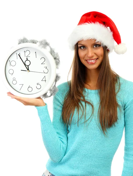 Beautiful young woman with clock, isolated on white — Stock Photo, Image