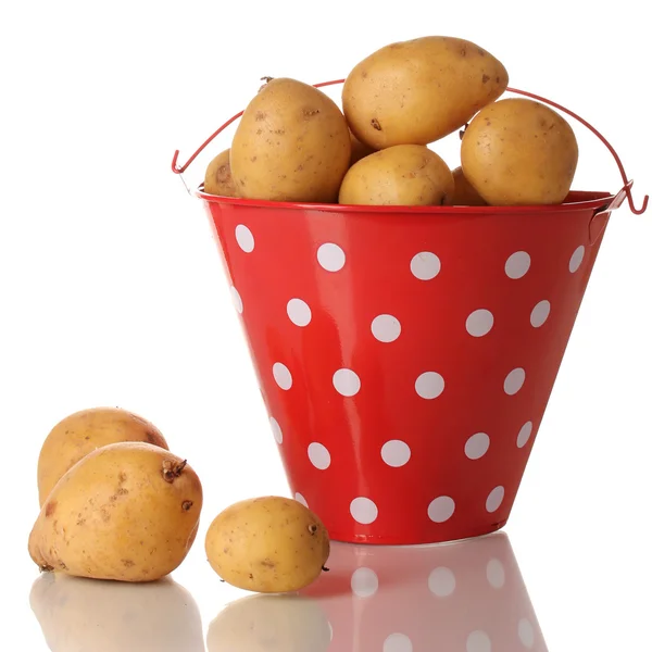 Patatas maduras en cubo rojo aisladas en blanco — Foto de Stock