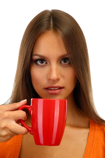 Beautiful young woman with cup of tea, isolated on white Stock Image