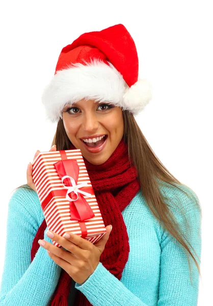 Beautiful young woman with gift, isolated on white Stock Photo