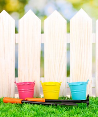 ahşap çit zemin üzerine yeşil çimenlerin üzerinde araçları Bahçe