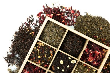beyaz izole ahşap kutu, Kuru çay çeşitleri