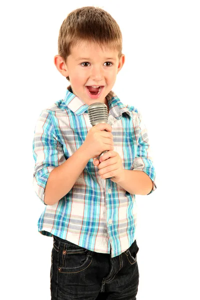Niño divertido con micrófono, aislado en blanco —  Fotos de Stock