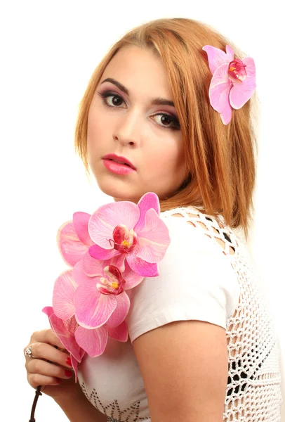 Retrato de jovem mulher sexy com flor de orquídea rosa — Fotografia de Stock