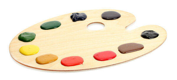 wooden art palette with paint isolated on white