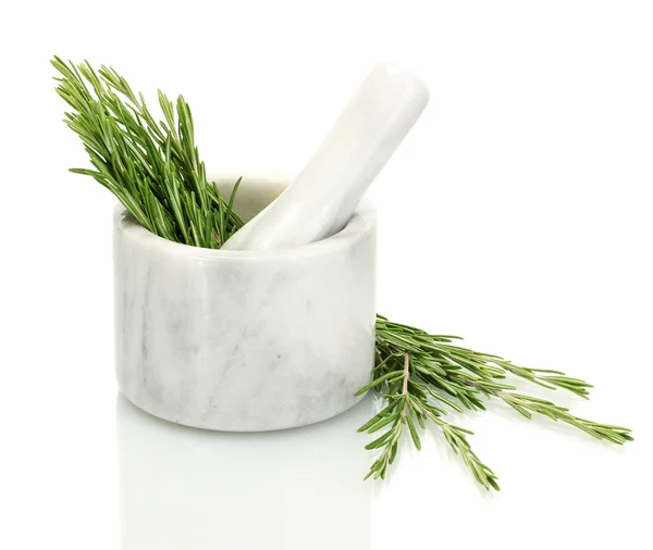 Mortar with fresh green rosemary isolated on white — Stock Photo, Image