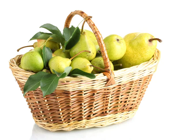 Juicy flavorful pears in basket isolated on white — Stock Photo, Image