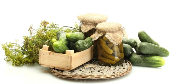 Fresh cucumbers in wooden box, pickles and dill isolated on white — Stock Photo, Image