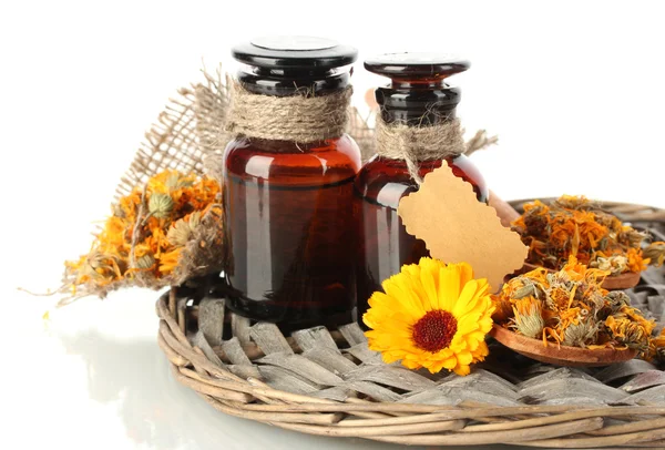 Medicine bottles and calendula, isolated on white — Stock Photo, Image