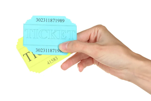 Kobiecej ręki trzymającej kolorowe bilety na białe tło zbliżenie — Zdjęcie stockowe