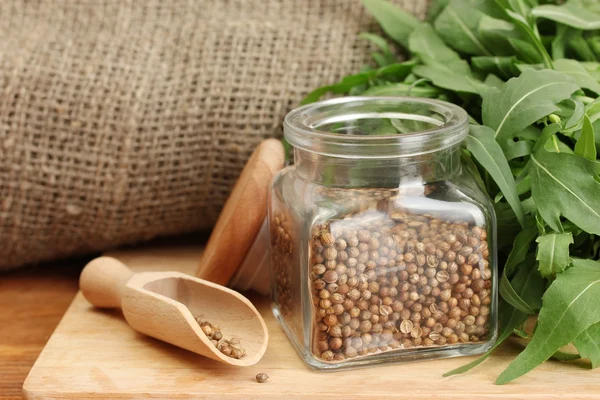 Jar of coriander seeds with rocket on canvas background close-up — Stock Photo, Image