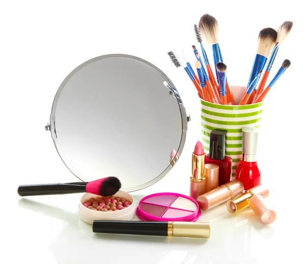 Cosmetics near mirror isolated on white — Stock Photo, Image