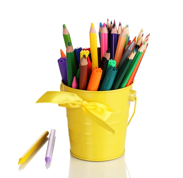 Colorful pencils and felt-tip pens in yellow pail isolated on white — Stock Photo, Image