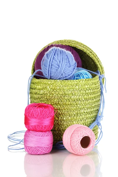 Colorful yarn for knitting in green basket isolated on white — Stock Photo, Image