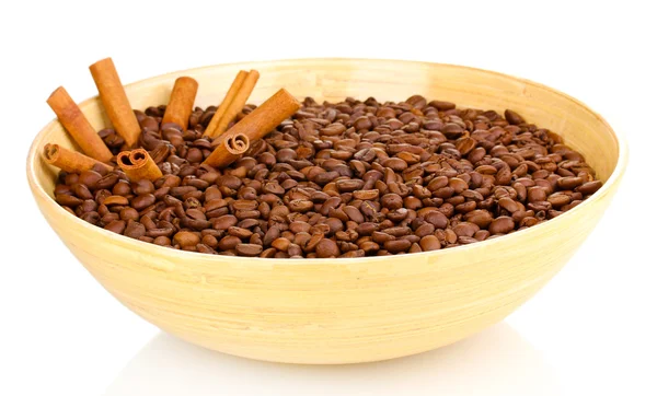 Coffee beans in bamboo bowl isolated on white — Stock Photo, Image