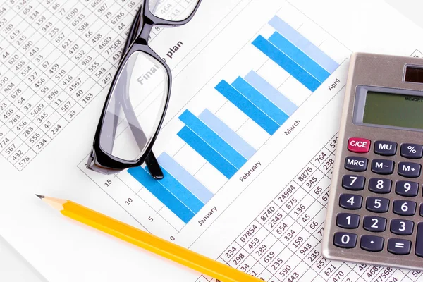 Documents, calculator and glasses close-up — Stock Photo, Image