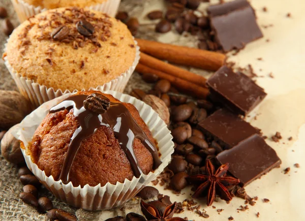 Tasty muffin cakes with chocolate, spices and coffee seeds — Stock Photo, Image