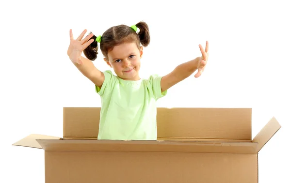 Beautiful little girl with box isolated on white — Stock Photo, Image