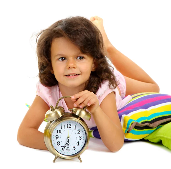 Beautiful little girlwith pillows isolated on white — Stock Photo, Image